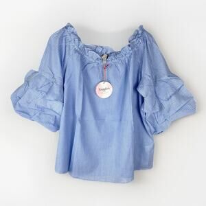 Hayden Los Angeles Stripped Blue Ruffle 3/4 Sleeve Blouse Size Medium Top NWT